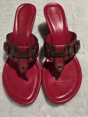 Cole Haan Red Thong Sandals with Brown Accent Straps and Stud Details
